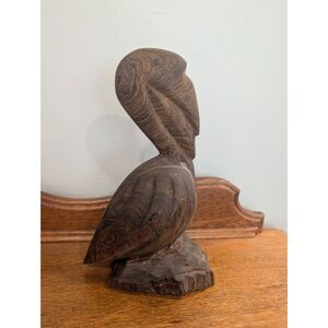 Hand Carved Ironwood Pelican Sculpture 10.5 Inch Natural Base Coastal Decor